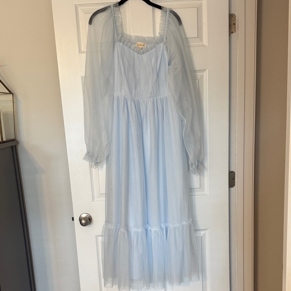 Listicle Light Blue Maxi Dress with Sheer Sleeves